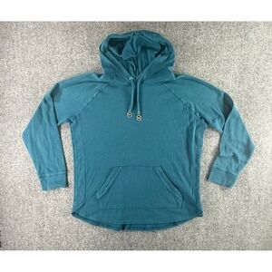 Michael Kors Womens Teal Blue Waffle Knit Hoodie MK Logo Gold Hardware Pullover